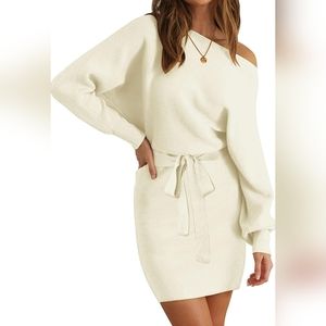 Ribbed Knit Bodycon Batwing Boat Neck Sweaterdress